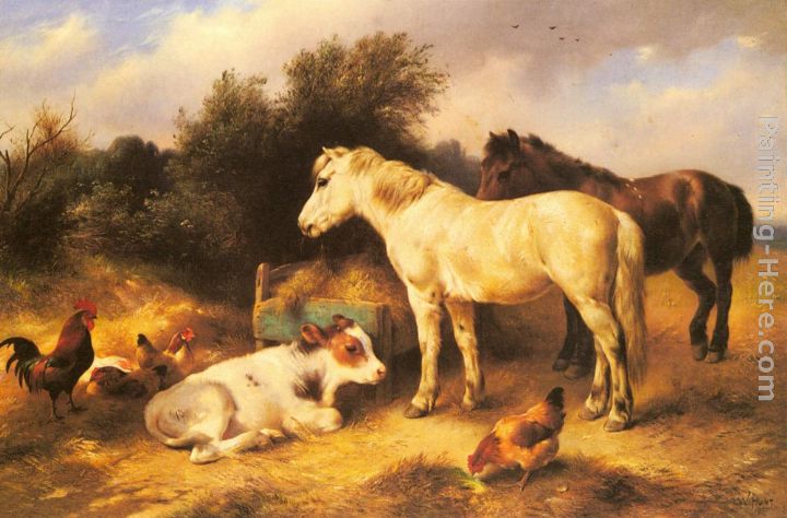 Ponies, A Calf and Poultry In a Farmyard painting - Walter Hunt Ponies, A Calf and Poultry In a Farmyard art painting
